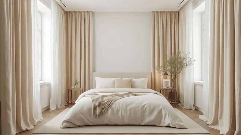 bedroom curtain ideas for small rooms using wide linen panels hung from ceiling to floor
