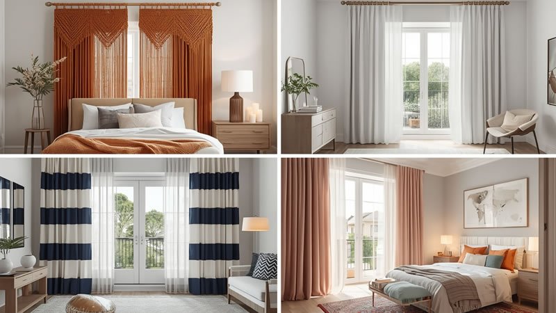 curtains for bedroom decor in four styles — bohemian, minimalist, coastal, and romantic bedroom window treatment styles