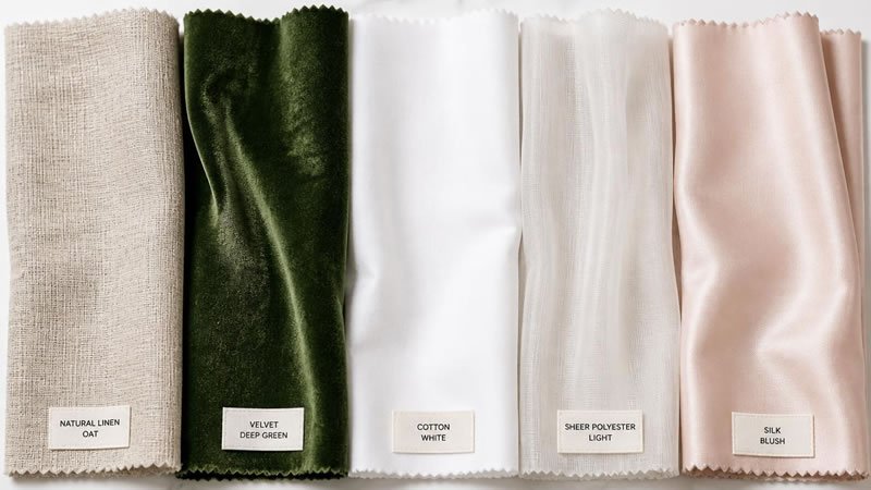 bedroom curtain ideas fabric comparison showing linen velvet cotton sheer and silk swatches