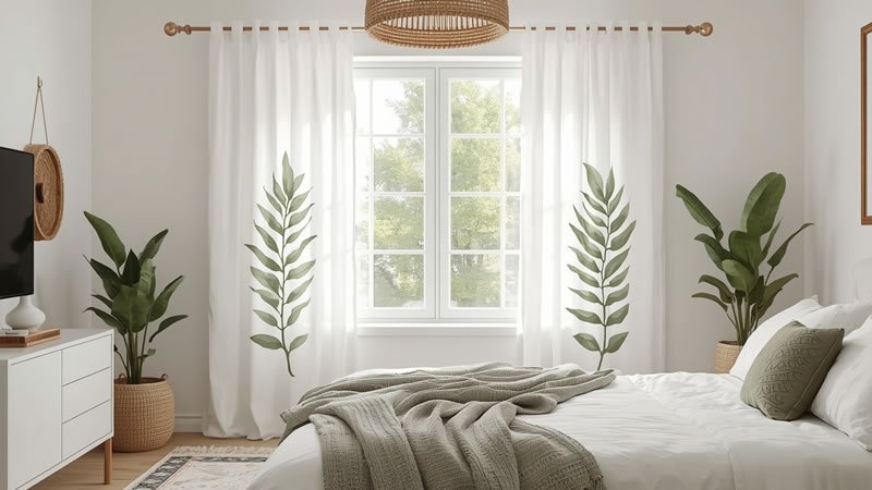 bedroom curtain ideas on a budget with DIY painted drop cloth curtains in a bohemian bedroom