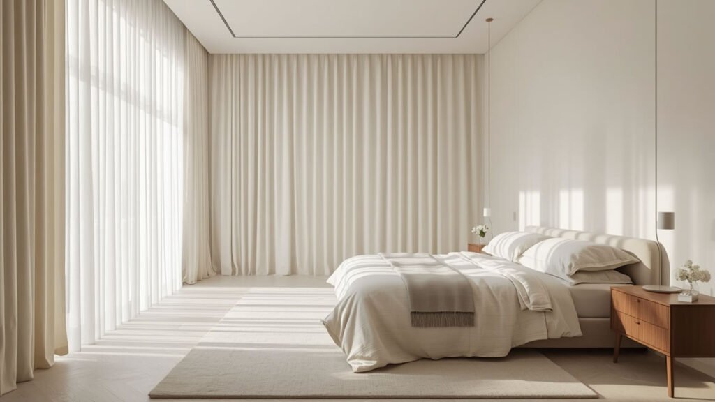 bedroom curtain ideas with floor-to-ceiling linen drapes in a bright minimalist bedroom