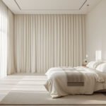 bedroom curtain ideas with floor-to-ceiling linen drapes in a bright minimalist bedroom