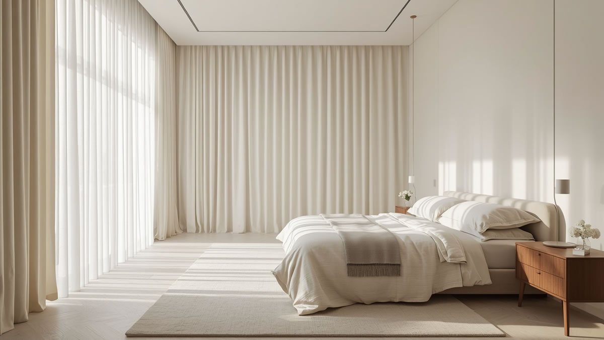 bedroom curtain ideas with floor-to-ceiling linen drapes in a bright minimalist bedroom