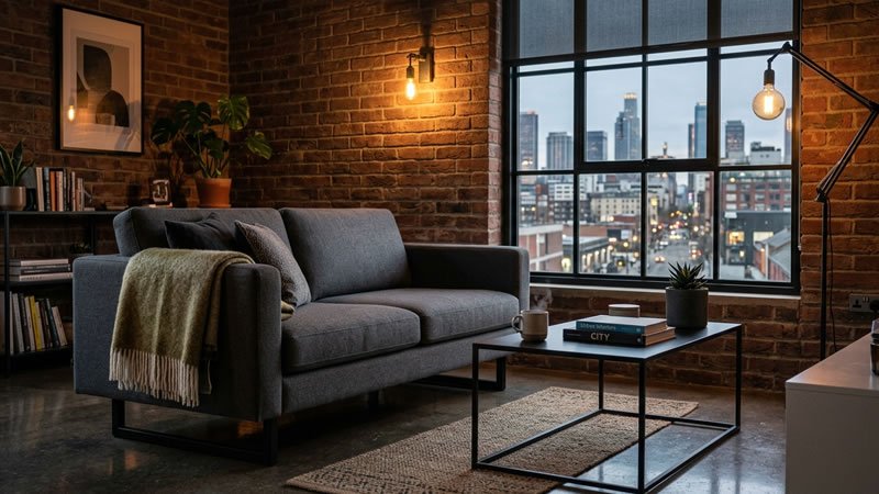 space saving couch urban apartment charcoal gray
