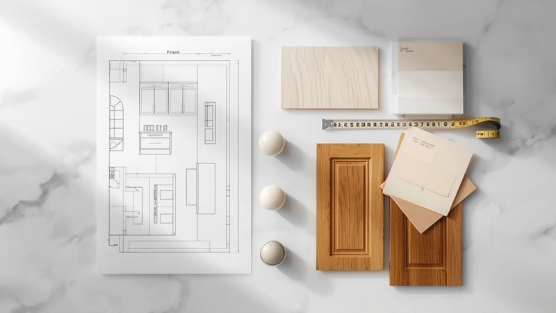 Cabinet planning materials including swatches, hardware, and floor plan sketches