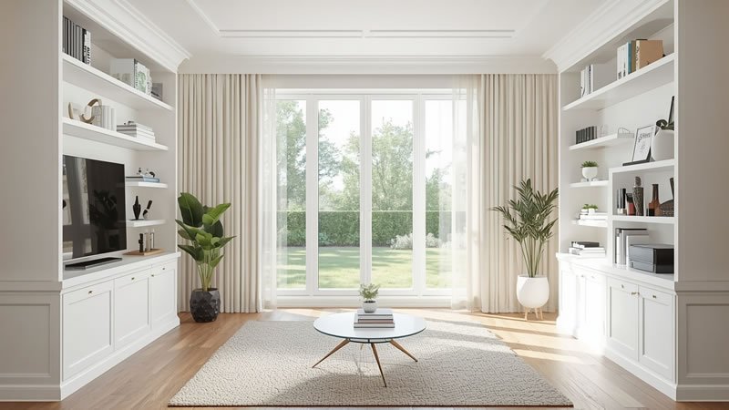 White built-in cabinets flanking a large living room window with natural light