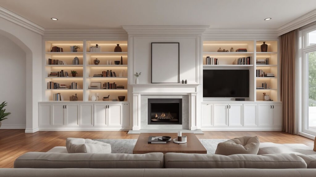Built-in living room cabinets with floor-to-ceiling white shelves flanking a fireplace