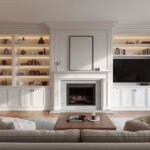 Built-in living room cabinets with floor-to-ceiling white shelves flanking a fireplace