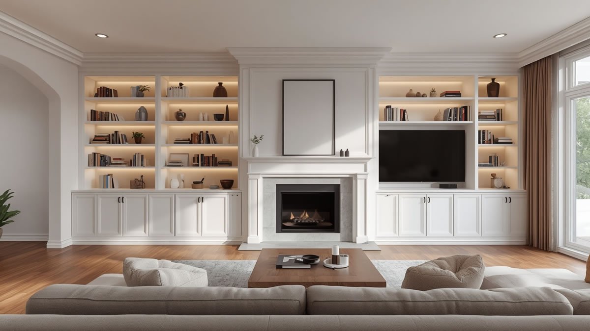 Built-in living room cabinets with floor-to-ceiling white shelves flanking a fireplace