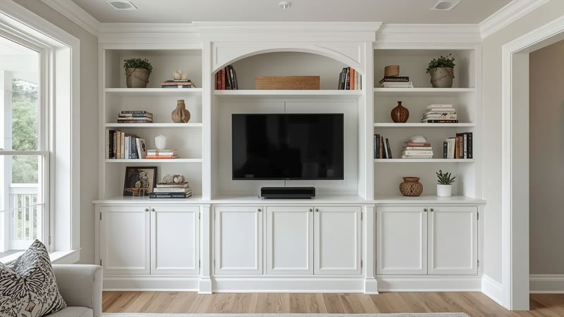 Corner built-in cabinet with angled shelves turning unused living room space into storage