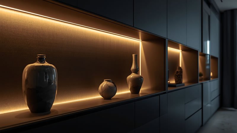 Built-in display niches with recessed LED accent lighting highlighting art and collectibles