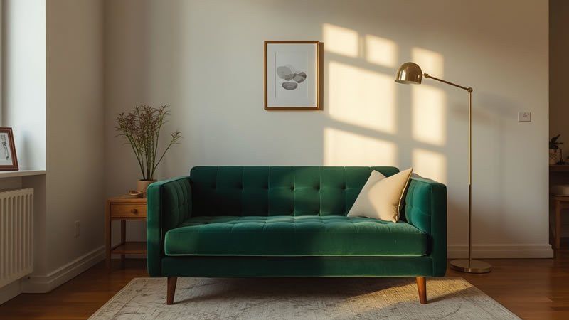 Emerald green velvet statement sofa in a small studio apartment with minimalist decor
