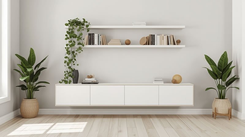 Floating lower cabinets with open styled shelves above in a Scandinavian living room