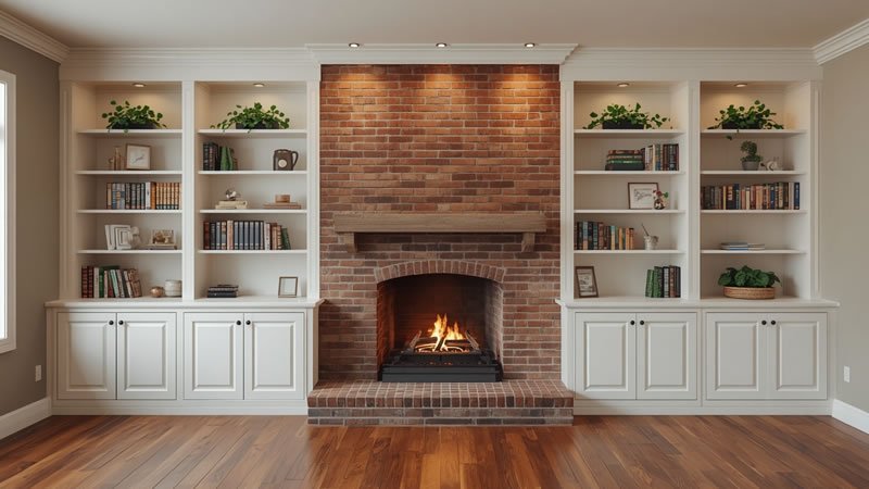 Floor-to-ceiling built-in cabinets framing a brick fireplace in a cozy living room