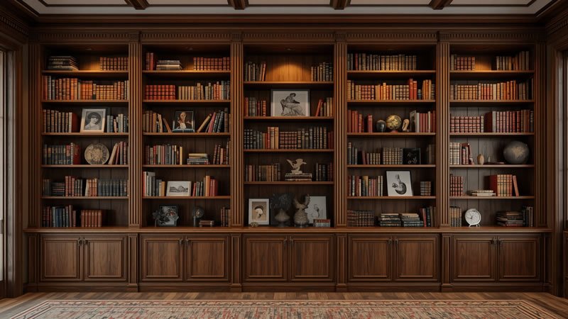 Full floor-to-ceiling built-in library wall with adjustable shelves and rolling ladder