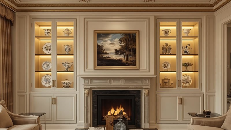 Glass-front built-in upper cabinets with interior LED lighting displaying collectibles