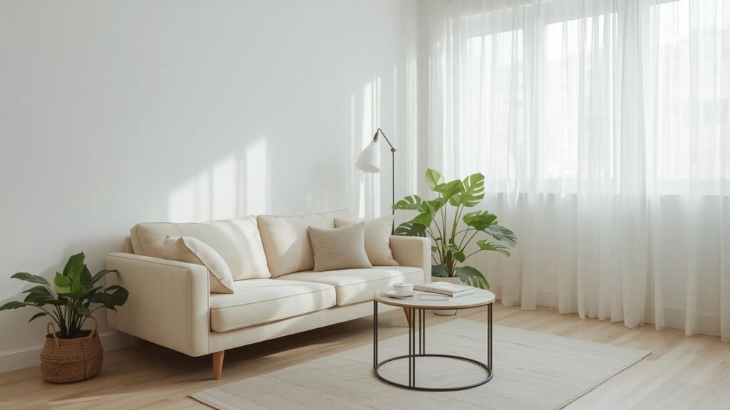 Stylish cream sofa in a small, bright living room with minimalist decor