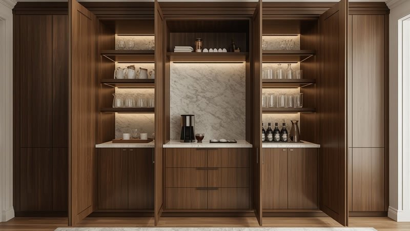 Hidden bar and coffee station revealed inside built-in living room cabinetry with pocket doors