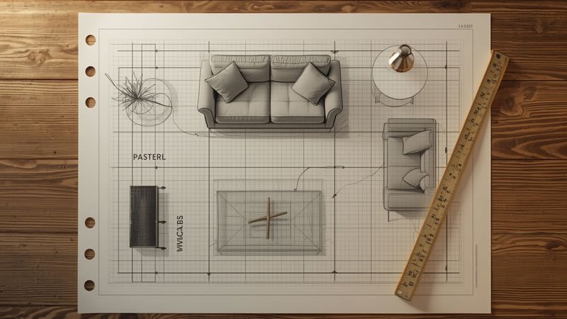 Floor plan sketch of a small living room with measurements and walking paths