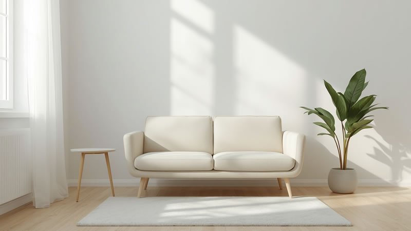 Mid-century sofa with exposed wooden legs creating an airy feel in a small living room
