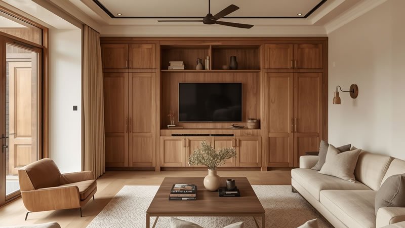 Natural walnut built-in cabinets with Shaker-style doors in a warm and luxurious living room