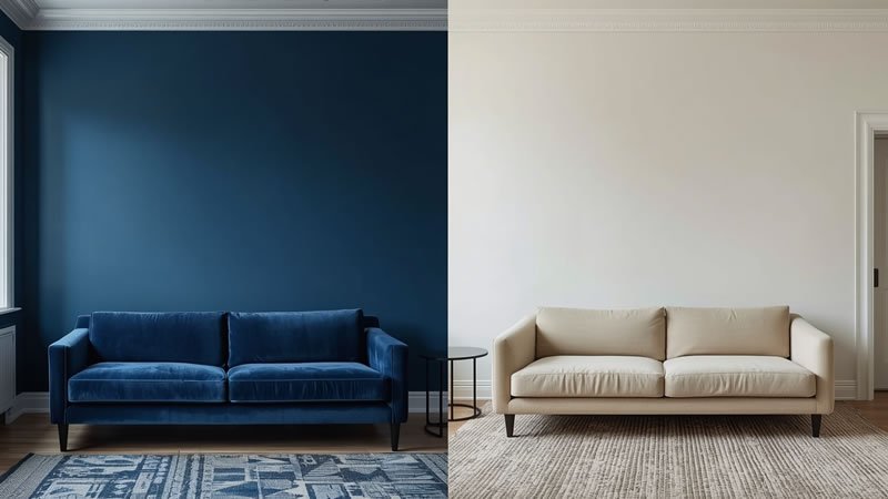 Comparison of light neutral sofa versus deep navy sofa in a small living room