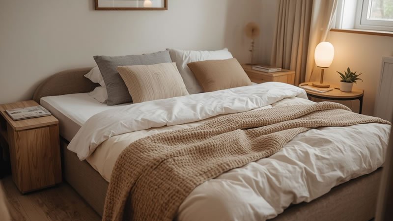Sleeper sofa converted into a bed in a small studio apartment