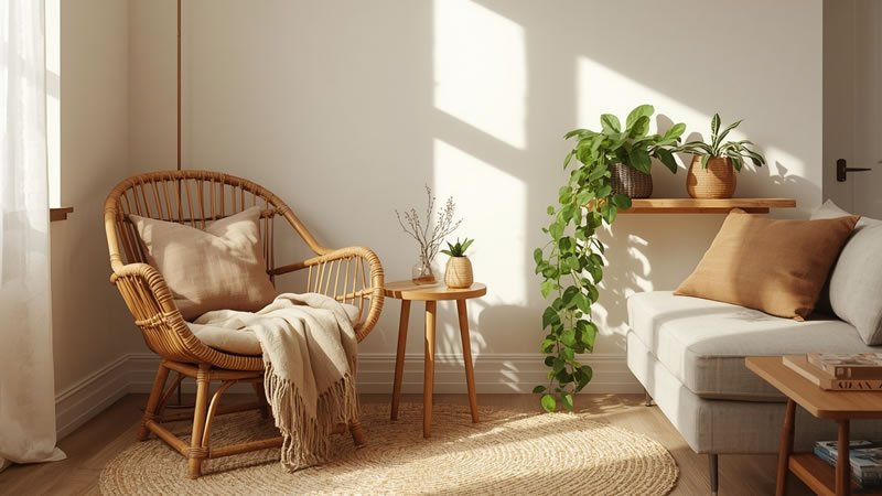 cozy living room setup with natural materials and small living room decor