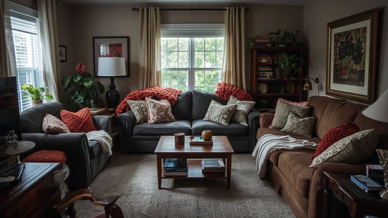 Cluttered small living room with oversized sofa blocking window and crowded layout