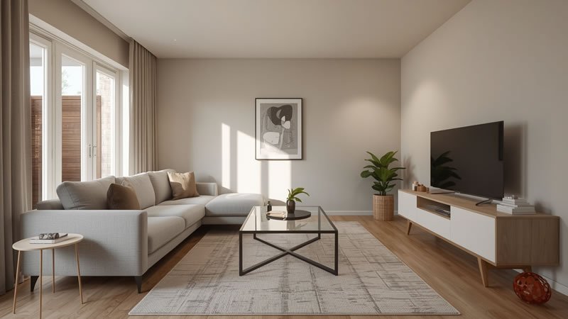 Light gray sofa placed against the longest wall in a small modern living room