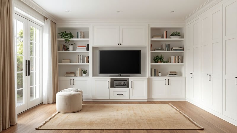 Soft white painted built-in cabinets paired with warm wood floors and textured fabrics