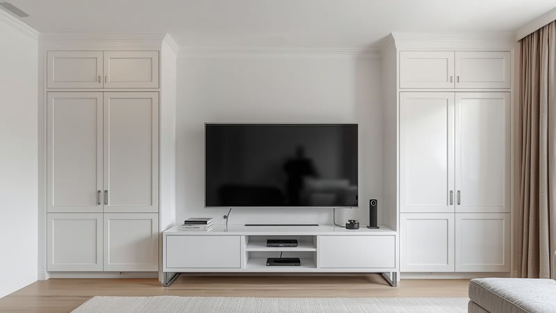 Symmetrical built-in TV media wall with white cabinets and concealed wiring in a modern living room