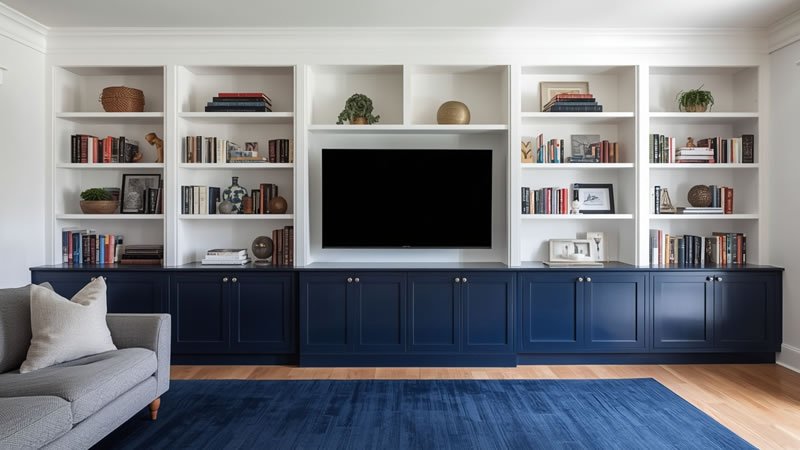Two-tone built-in cabinets with navy lower units and white upper shelves in a modern living room