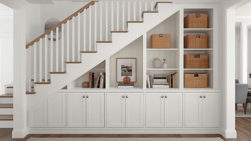 Under-stair built-in cabinets with graduated shelves and push-latch doors in a modern home