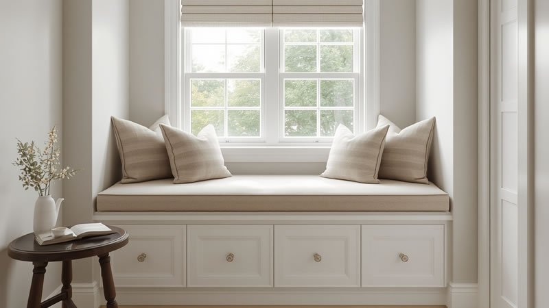 Built-in window seat with cushion and deep storage drawers beneath in a cozy living room