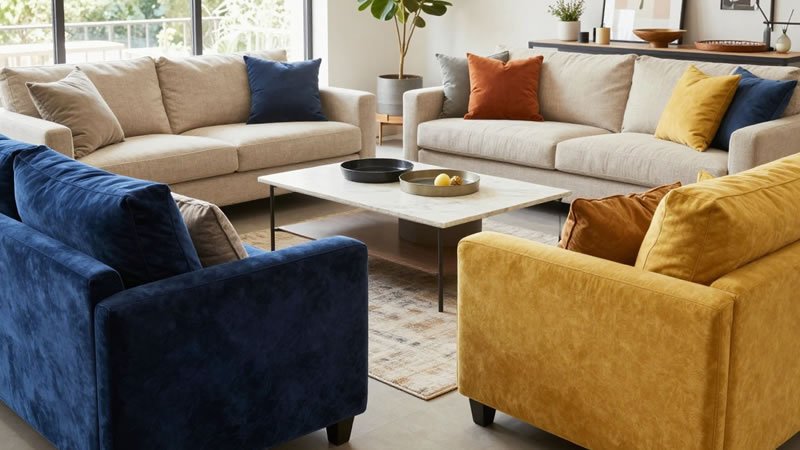 Navy blue, mustard yellow, and beige sofas arranged around a marble coffee table in a bright open living room with colorful throw pillows and indoor plants