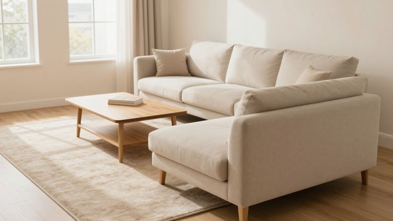 Cream linen L-shaped sofa with light wood coffee table, beige area rug, and natural sunlight in a clean minimalist living room