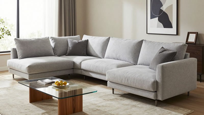 Large gray L-shaped sectional sofa with matching throw pillows, glass and walnut wood coffee table, beige rug, and abstract wall art in a bright modern living room