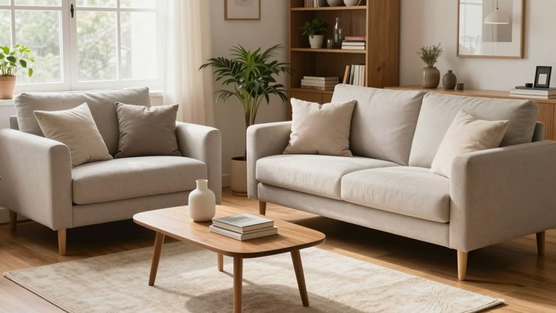 Bright minimalist living room with two matching light grey sofas, a rounded wooden coffee table, indoor plants, and a wooden bookshelf in the background