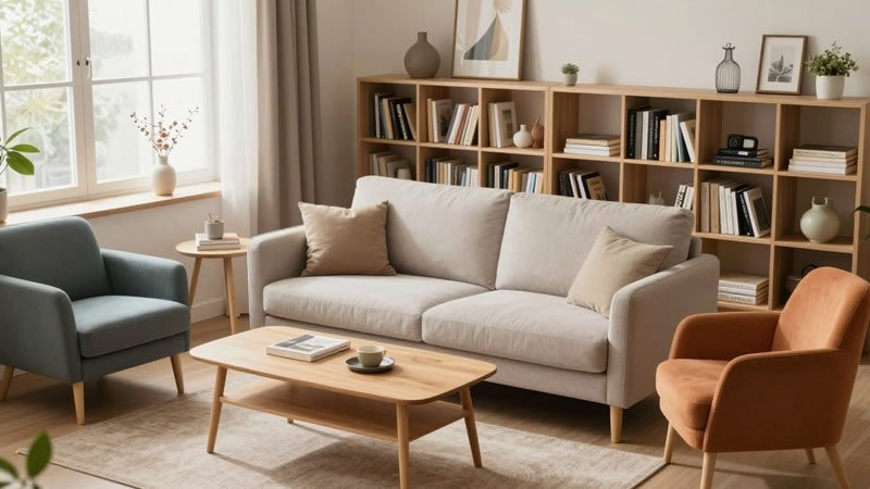 Cozy Scandinavian-style living room with a beige sofa, blue and orange accent chairs, wooden coffee table, and a bookshelf filled with books