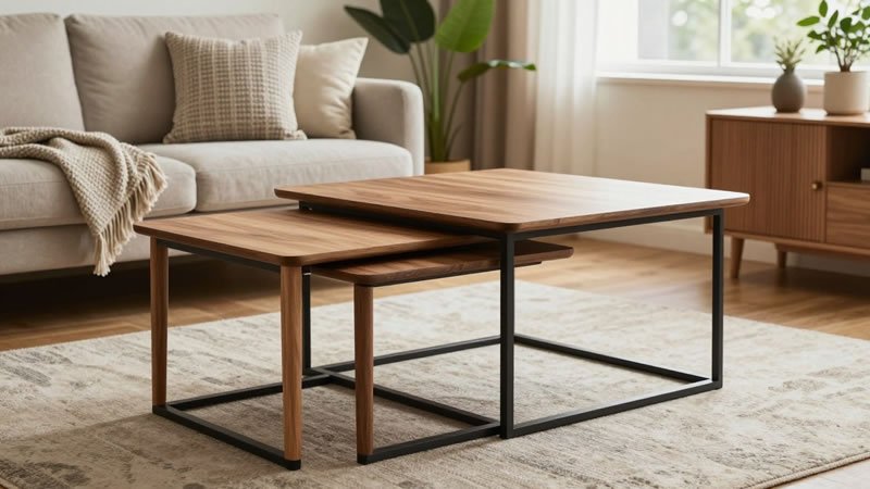 Two walnut wood nesting coffee tables with black metal frames placed on a textured rug in a cozy neutral living room